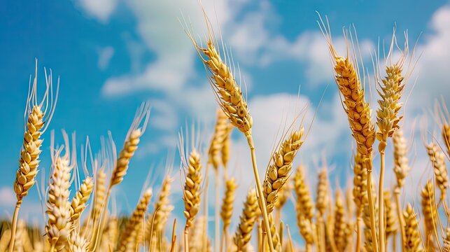 A vivid image capturing ripe grain wheat and golden spikelets against a blue backdrop, illustrating the beauty of Ukrainian agriculture amid challenges like port blockades.