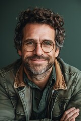 Obraz premium Handsome smiling, happy and pleased stoic man with positive vibes. Portrait of a joyful young man with beautiful hair and fashionable clothes.