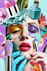 Contemporary fashion art collage, modern design. Make-up, beauty, cosmetic concept - 759605557