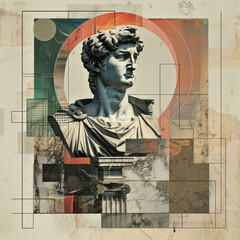 Contemporary art collage with antique statue head in a retro surreal style. - 759605907