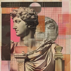 Contemporary art collage with antique statue head in a retro surreal style. - 759605914