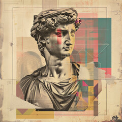 Contemporary art collage with antique statue head in a retro surreal style. - 759605929
