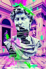 Contemporary art collage with antique statue head in a vaporwave style. - 759605991