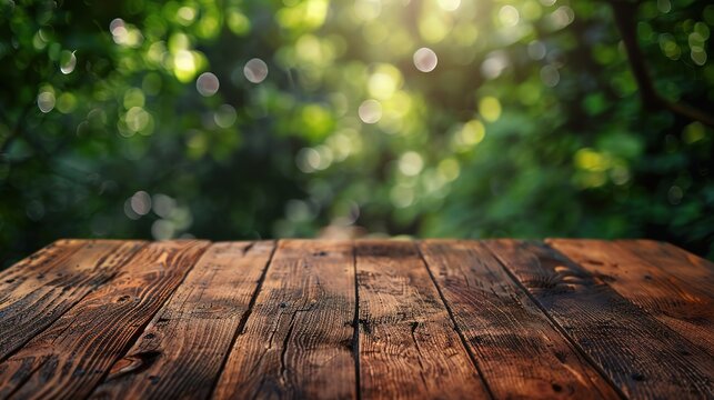 Wood table top on blurred green background