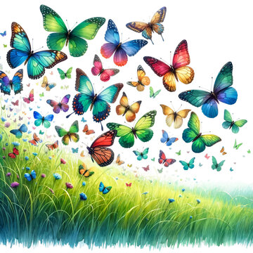 butterflies on the meadow watercolor clipart on transparent background