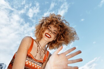 Smiling Woman on Beach, Embracing Freedom and Joy of Hippie Lifestyle