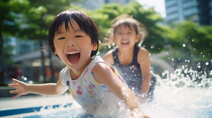 プールで水遊びをする子供、元気な夏の日本人の女の子