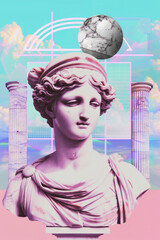 Contemporary art collage with antique statue head in a vaporwave style. - 759606171