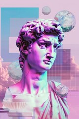 Contemporary art collage with antique statue head in a vaporwave style.