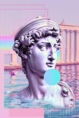 Contemporary art collage with antique statue head in a vaporwave style. - 759606187