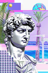 Contemporary art collage with antique statue head in a vaporwave style. - 759606189