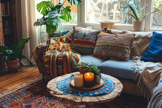 Cozy living room interior design, burning candles on a coffee rable, boho hygge concept