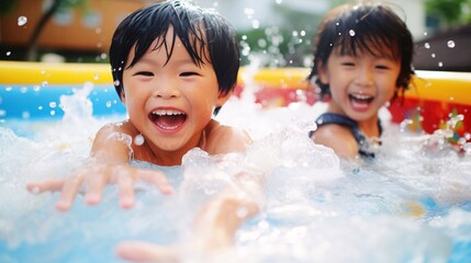 プールで水遊びをする子供、元気な夏の日本人の男の子 - obrazy, fototapety, plakaty