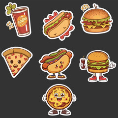 Retro cartoon fast food Sticker Vector set