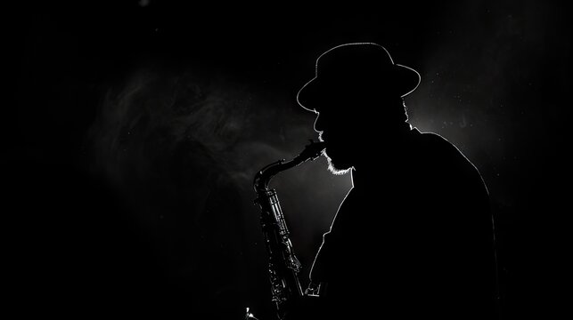 A captivating image of a saxophone player against a dark background, showcasing the essence of jazz music with a musician in a leather jacket, evoking a soulful ambiance