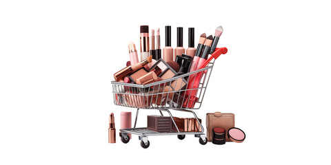 Shopping cart full with makeup cosmetics with accessories 