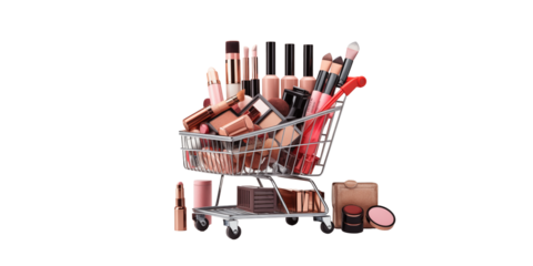 Shopping cart full with makeup cosmetics with accessories 