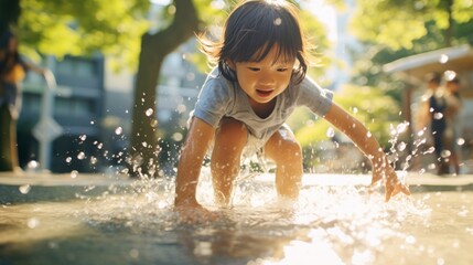 公園で水遊びをする子供、元気な夏の日本人の女の子