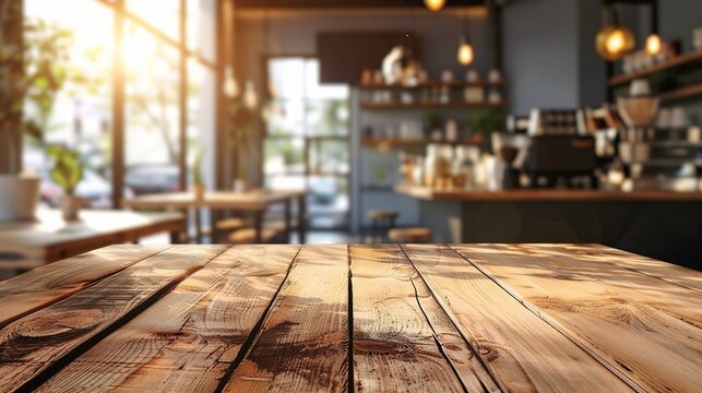 Wooden board empty Table Top and Blur Interior over blur in coffee shop Background