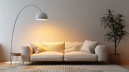 Sleek floor lamp casting a warm glow in the living room isolated on transparent background.