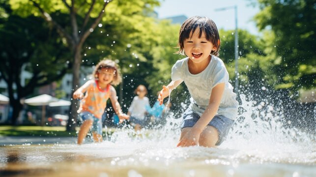 公園で水遊びをする子供、元気な夏の日本人の女の子