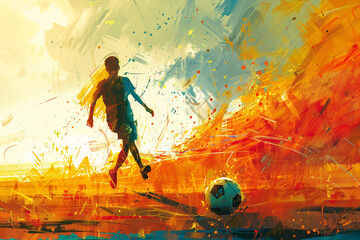 A young boy kicking a soccer ball illustration - obrazy, fototapety, plakaty