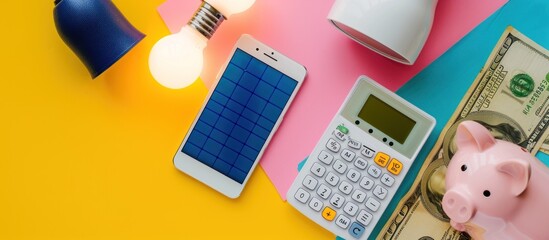 Solar panels, piggy bank and dollar bills against grey background with vignette