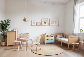 a mock-up frame in a children's room with natural-wood furniture,. 