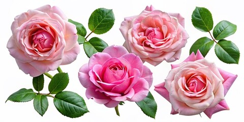 Naklejka premium Set of beautiful pink roses in full bloom, with soft petals and green leaves. Generated AI