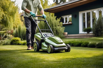 A Caucasian gardener, skilled and equipped, trims a lush lawn using a modern cordless electric mower
