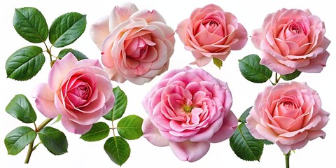 Set of beautiful pink roses in full bloom, with soft petals and green leaves. Generated AI