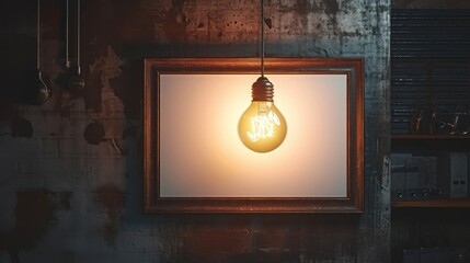 A single glowing light bulb hanging from a dark ceiling illuminating a blank whiteboard a?" ready for new ideas to spark.