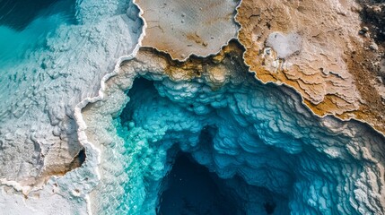 An aerial shot capturing the stunning colors and textures of a geothermal spring and its surrounding area