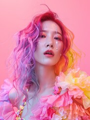 Colorful Floral Fantasy Asian Girl Portrait
