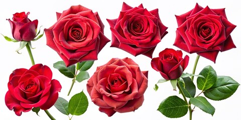 Set of beautiful red roses in full bloom, with soft petals and green leaves. Generated AI