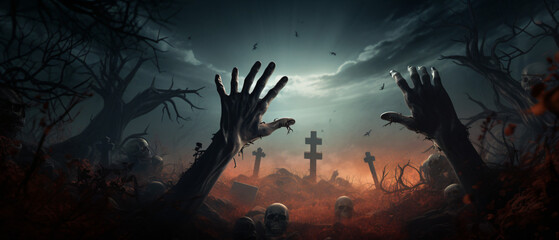 Happy Halloween background with zombie hand from 
