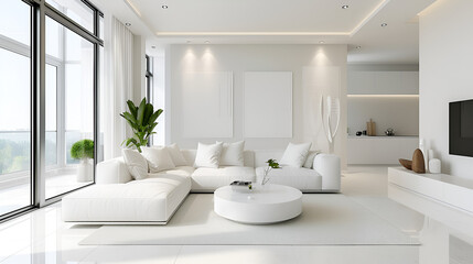Fototapeta na wymiar Trendy white living room with modern decoration, simple home decor.. generative ai 