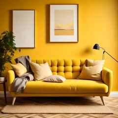 Grunge loft interior design of modern living room, home with yellow sofa against yellow wall.