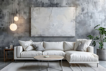 A modern living room with concrete walls, a white leather sofa, a wooden coffee table, and an abstract painting on the wall above it. Contemporary furniture and soft lighting.