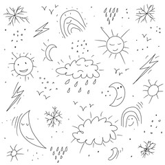 Doodle illustration weather black and white, sun, cloud, moon, snow, thunder