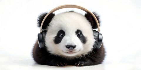panda in headphones isolated on white background