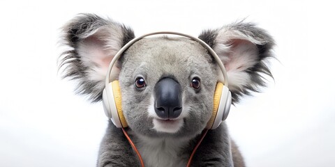 koala in headphones isolated on white background