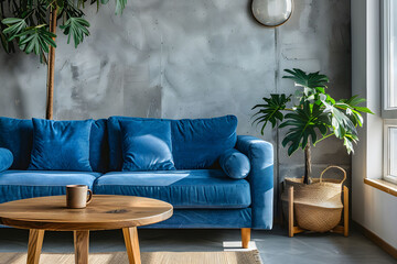 Minimalist interior of a living room with a blue sofa and concrete wall, a wooden coffee table near a grey couch against a kitchen counter in a modern home decor style.