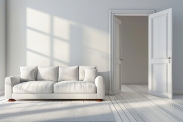 3D illustration of modern living room with white sofa carpet open door and blank wall Interior design concept