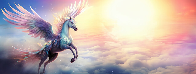 White Pegasus with wings flying in the sky, panoramic layout. Generative Ai