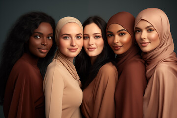 Obraz premium Diversity, multi ethnic beauty concept. beautiful ladies of different races with natural makeup in row.