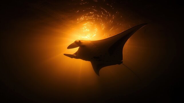 A shot from below of manta rays swimming in the underwater.