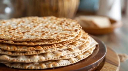 Fototapeten A close-up of a round, hand-made matzah, a traditional Jewish food eaten during the Passover holiday, symbolizing cultural heritage and religious observance © pvl0707