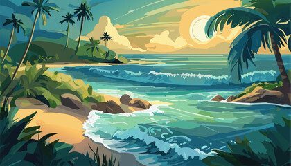 Fototapeta na wymiar Tropical island with ocean and palm trees