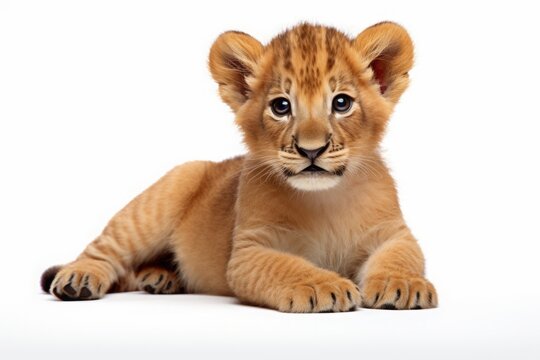recommend clip art: lion cub is lying on a white background. kitten, feline.